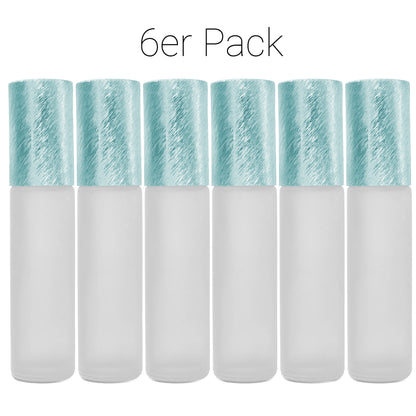 10ml Roll-On Fläschchen Milchglas mit Verschlusskappe hellblau-metallic (6er Pack)