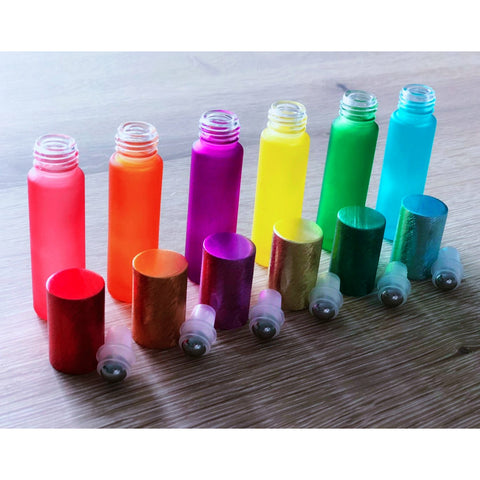 10ml Colour Frosted Glass Roll-On Bottles with Brushed Metallic Caps (Pack of 6)